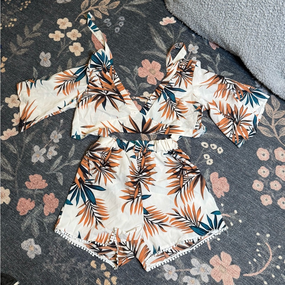 SHEIN Tropical Print Jumpsuit - White, Orange, Blue